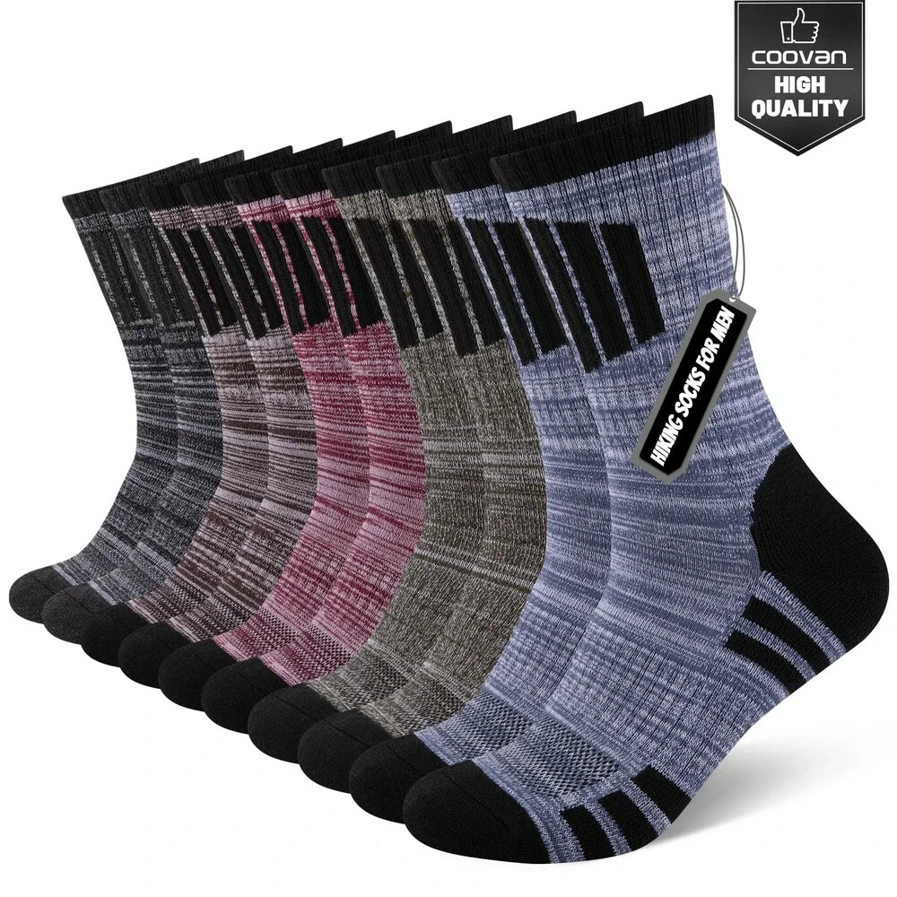 COOVAN Men's Hiking Crew Socks 5 Pairs Moisture Wicking Cushioned ONE SZ